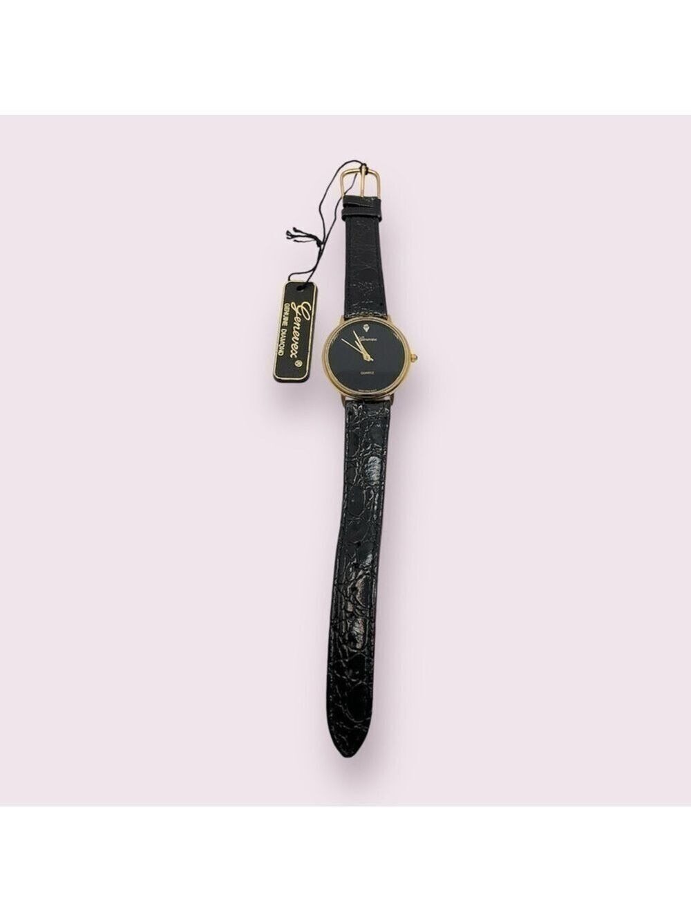 Genevex Diamond Quartz Gold Tone Stainless Steel Leather Strap Watch